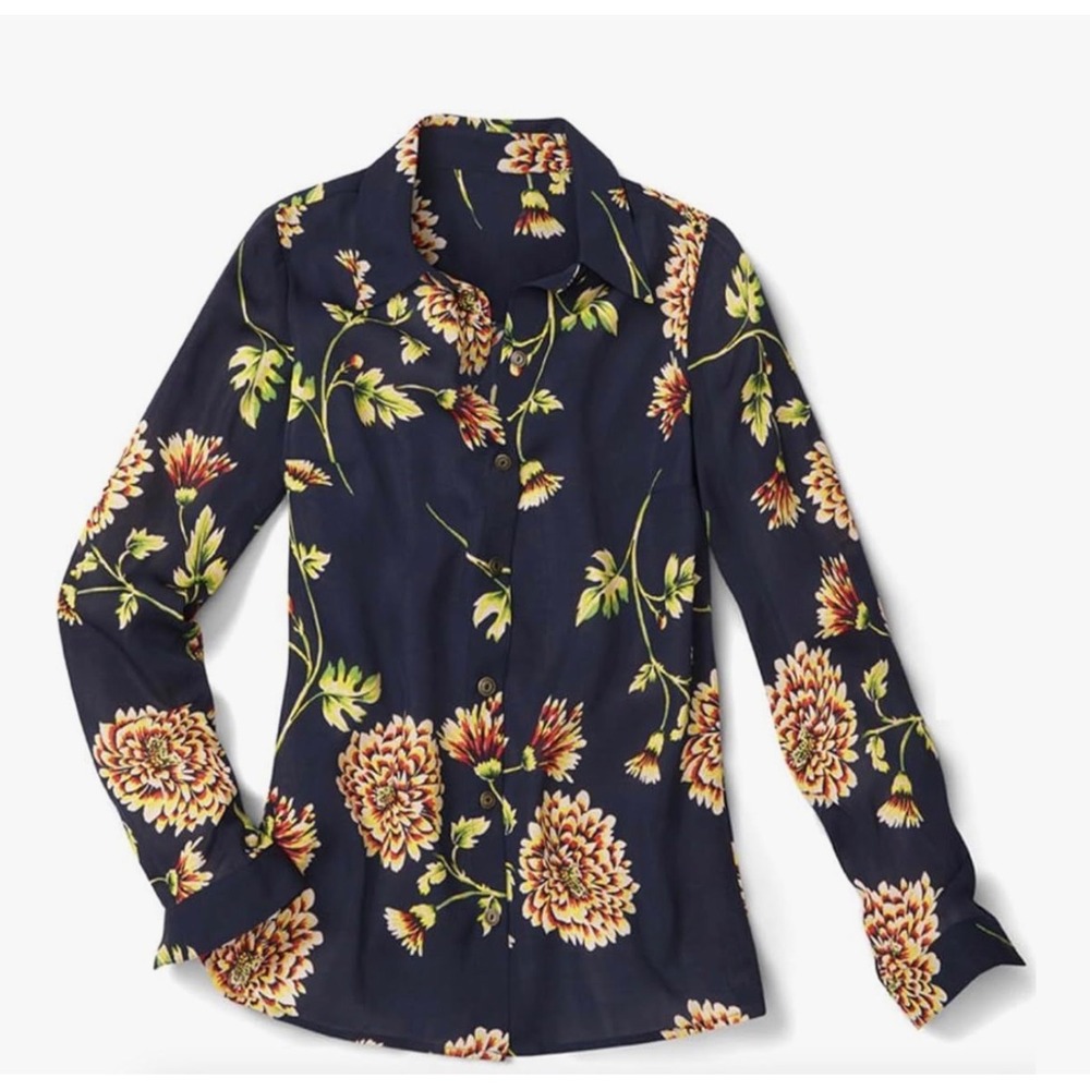 Cabi Navy‎ Blue Floral Chrysanthemum Button Down Blouse Long Sleeve XS